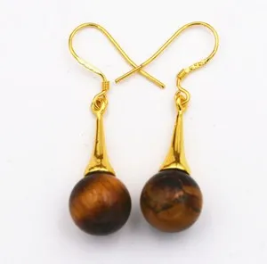 Authentic 10mm Yellow Tiger's Eye Round Gemstone Dangle Gold Plated Hook Fashion Earrings