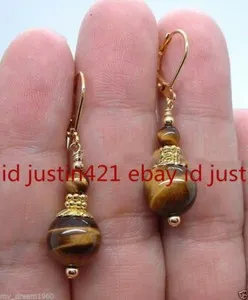 Authentic Natural 6-12mm Yellow Tiger's Eye Gemstone Gold Plated Leverback Earrings AAA