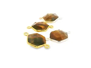 Authentic Tiger Eye Hexagon Bezel Connector Two Loop (12mm) - Gold Plated over Sterling Si