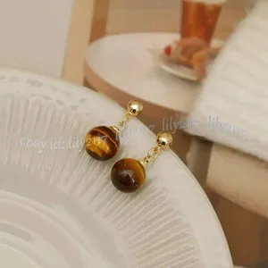 Authentic 10mm Round Natural Yellow Tiger's Eye Gemstone Beads Dangle Stud Earring