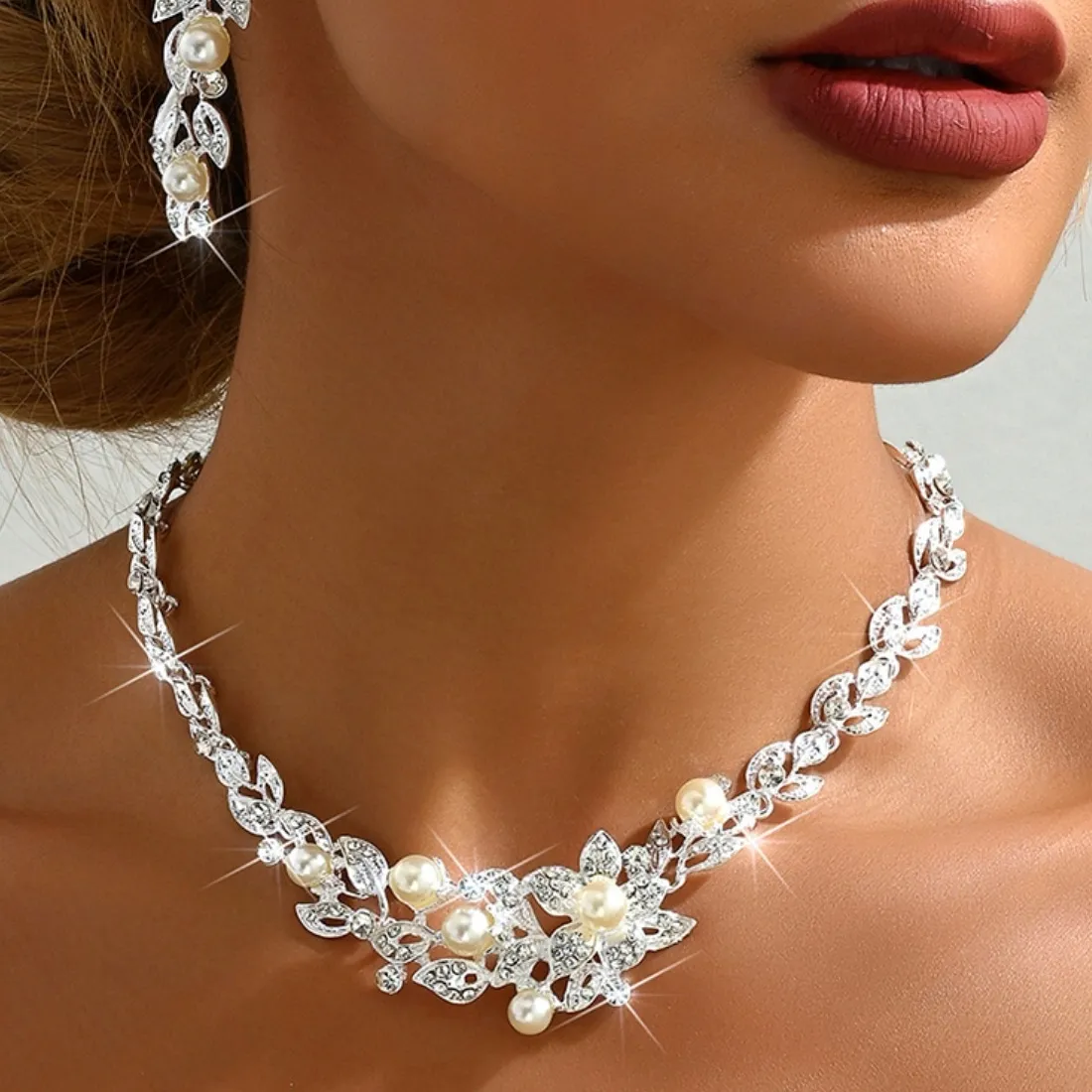 Authentic Middle Eastern Selling Bridal Jewelry Pearl Rhinestone Necklace Earrings Two Banquet Jewelry