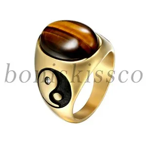 Authentic Men Bagua Yinyang Manmade Tiger Eye Yellow Gold Plated Band Ring