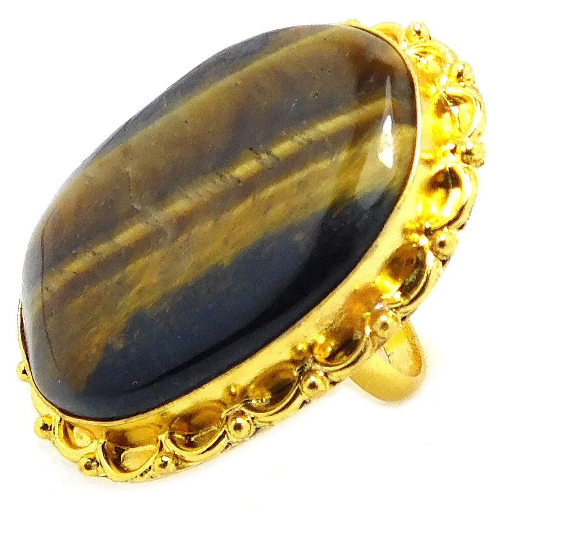Authentic Tiger's Eye Rings Gold Plated Handmade Big Ring Size-5 Natural Gemstone Jewelry