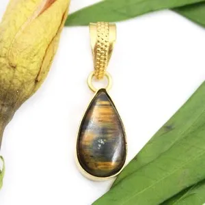 Authentic Natural Tiger Eye Pear Shape Gold Plated Pendants Gifts For Her Boho Jewelry