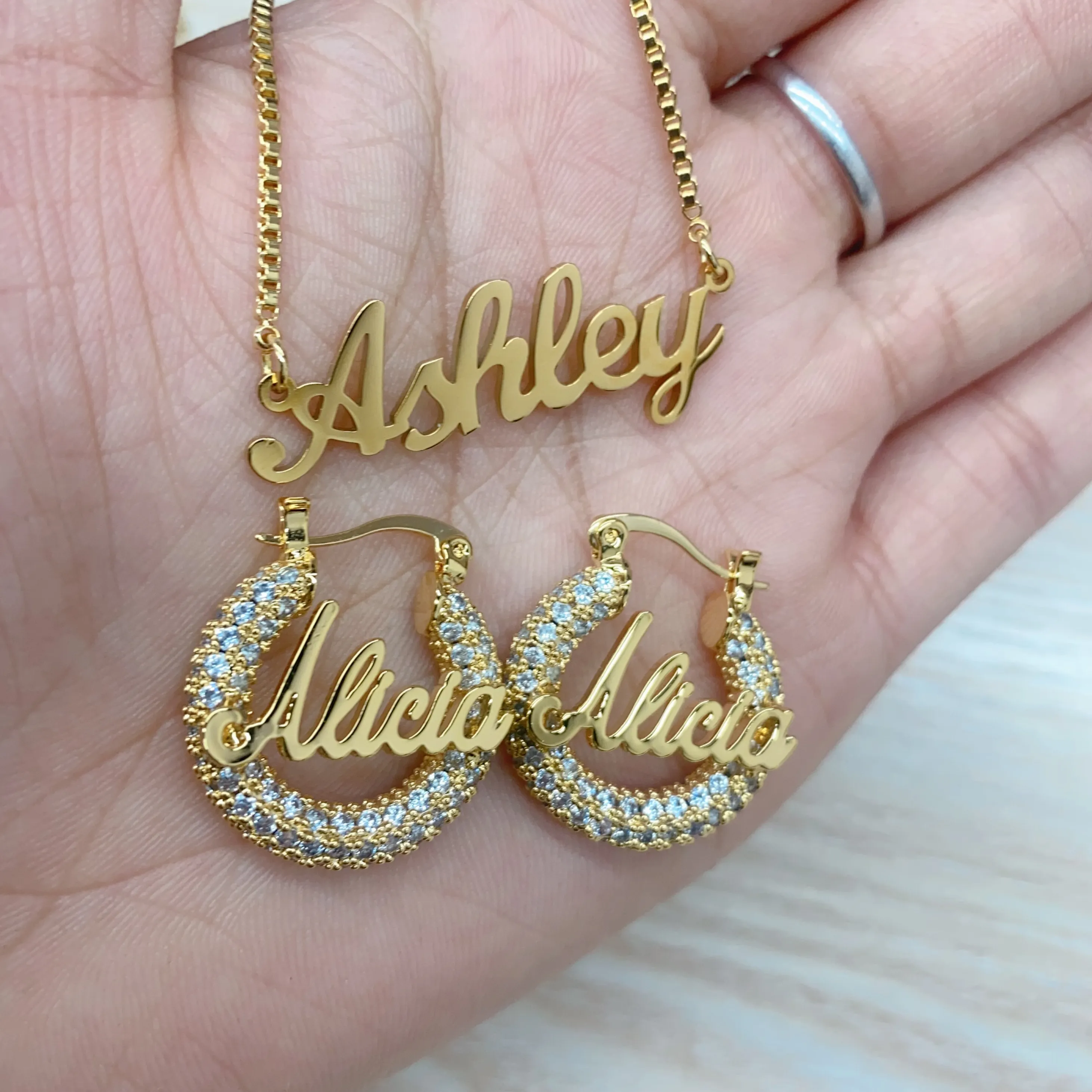 Authentic Personalized Name Hoop Earrings And Matching Necklace A Bespoke Gold- Plated Talisman Of Identity And Radiance