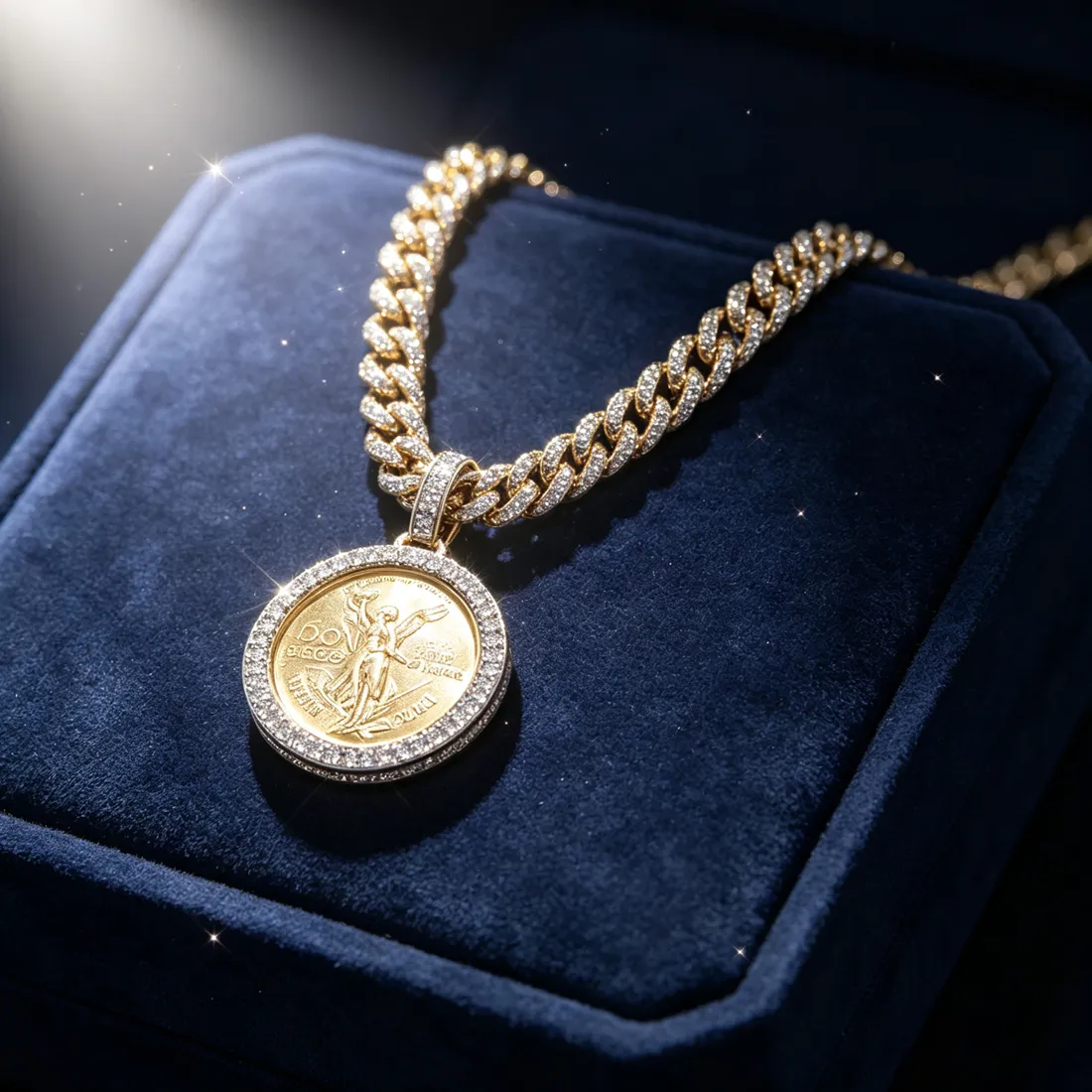 Authentic 18K Gold Plated Bling Coin Charms Jewelry Fine Jewelry Friends Icy Cuban Link Mexican Coin Streetwear Accessory Iced Out 50 Pesos Angel Coin Pendant Hip Hop Cz Medal Zircon Border Liberty Angel Medallion Necklace