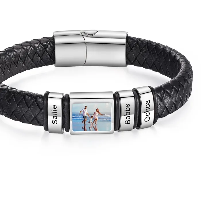 Authentic Custom Photo Bracelet Personalized Picture Bracelet Leather Engraved Name Bracelet Jewelry Husband
