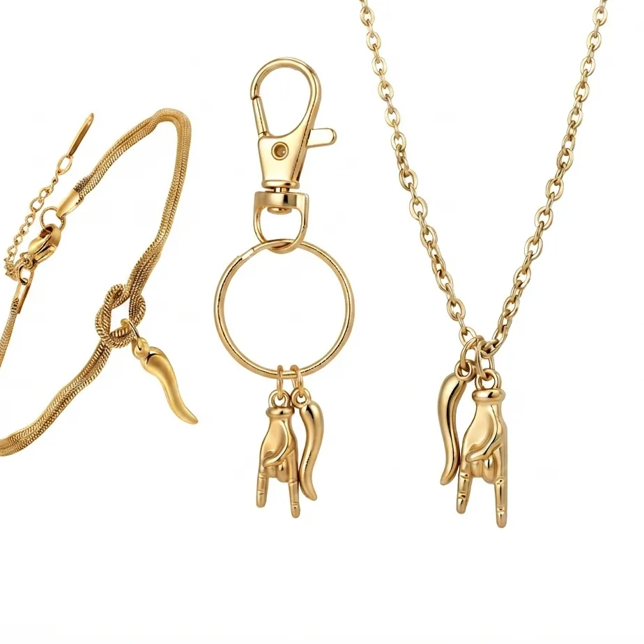 Authentic 3Pcs Jewelry, Cornicello Italian Horn Pendant, Rock Hand Gesture Necklace, Snake Chain Bracelet, Keychain, Good Luck Amulet, Jewelry, Accessories, Protective Talisman Teens