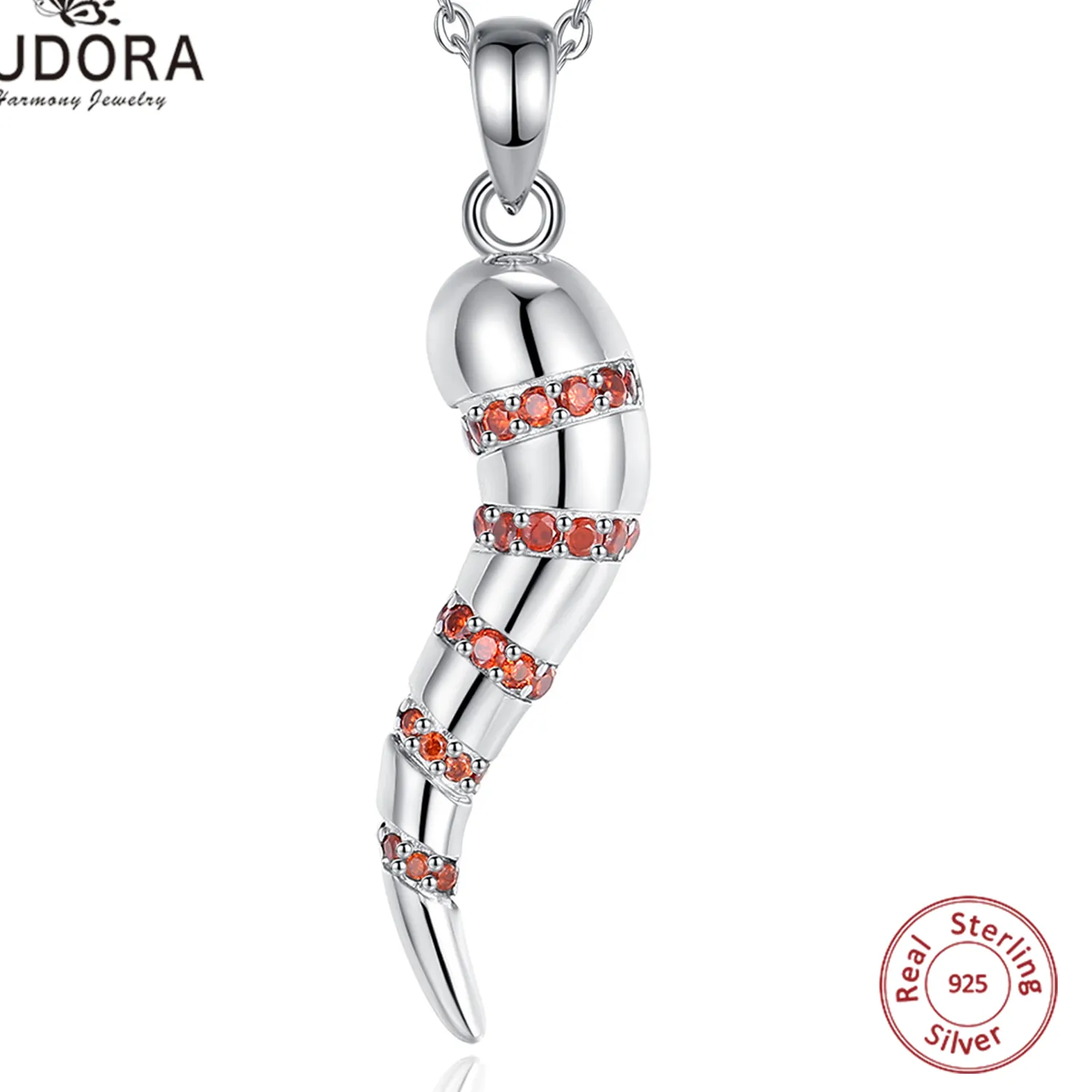 Eudora 925 Sterling Silver Italian Horn Necklace Good Luck Cornicello Amulet Pendant Zircon Jewelry