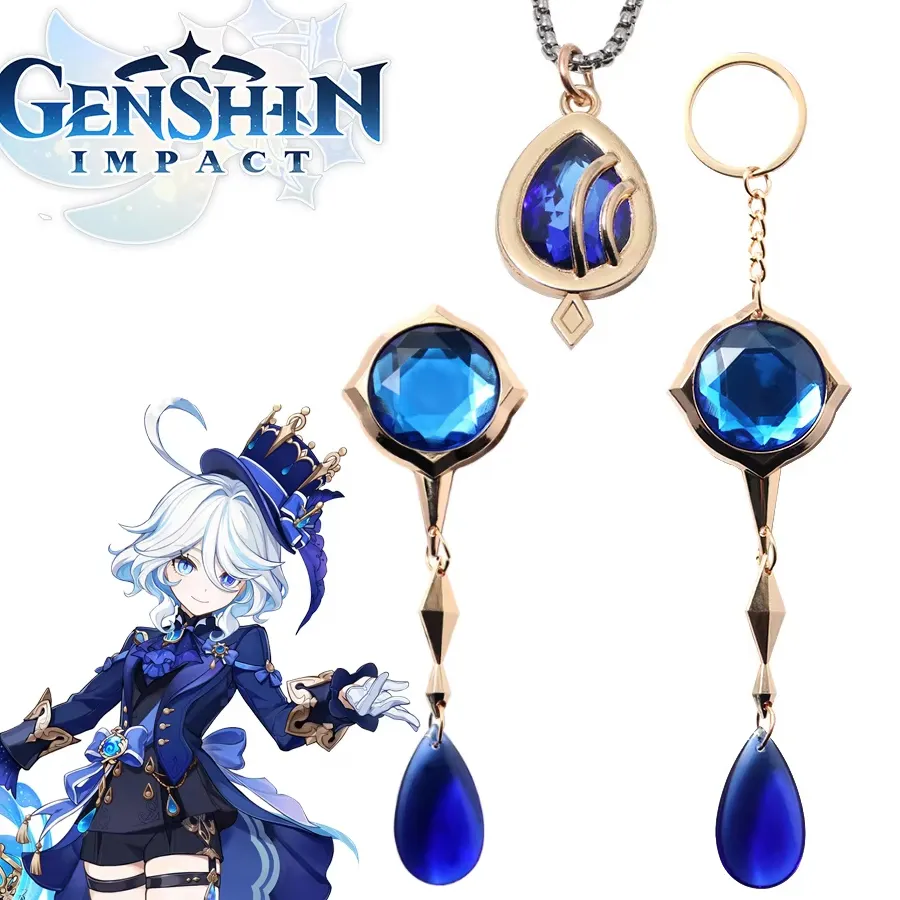 Authentic Genshin Impact Water God Furina God's Eye Keychain Necklace Pendant Cosplay Props Brooch Pin Badge Jewelry