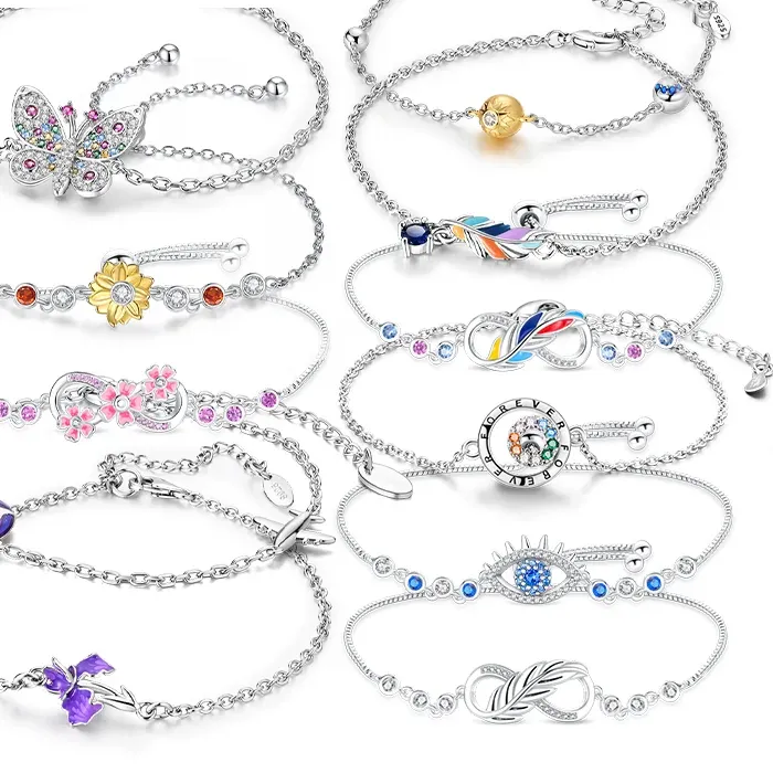 Authentic S925 Silver Adjustable Size Chain Link Bracelet Feather Butterfly Star Life Tree Flower Heart Jewelry Bracelets