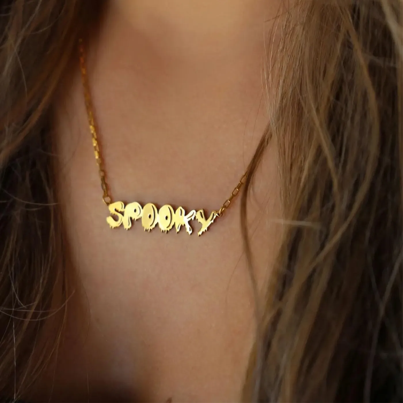 Authentic Personalized Monogrammed Pendant Customize Name Halloween Necklace Double Layer Gold Spooky Necklace Halloween For Her