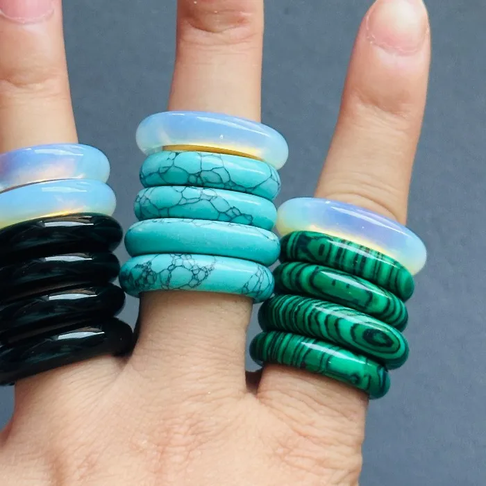 Authentic Celestial Bands Of Opal Flame, Malachite Forest, And Turquoise Sky A Quintet Of Stacked Talismans