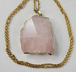 Authentic Pretty Rose Quartz Stone Pendant Gold Plated Frame 24" Long Chain Pale Pink
