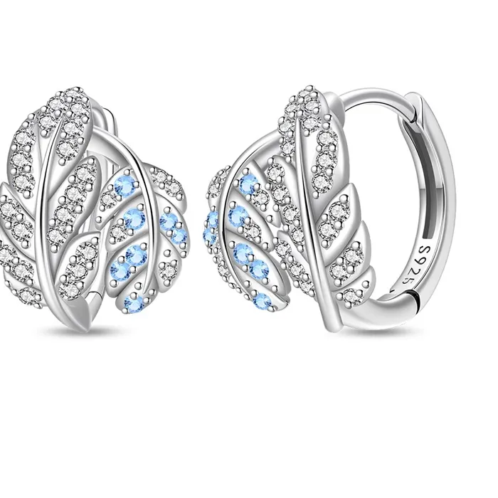 Authentic 925 Sterling Silver Exquisite Feather Earrings Sparkling Cz Zircon Girls Adorable Birthday Jewelry