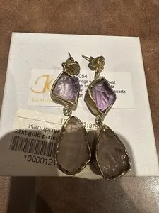Authentic Radiant Harmony Amethyst and Rose Quartz Golden Talisman Earrings