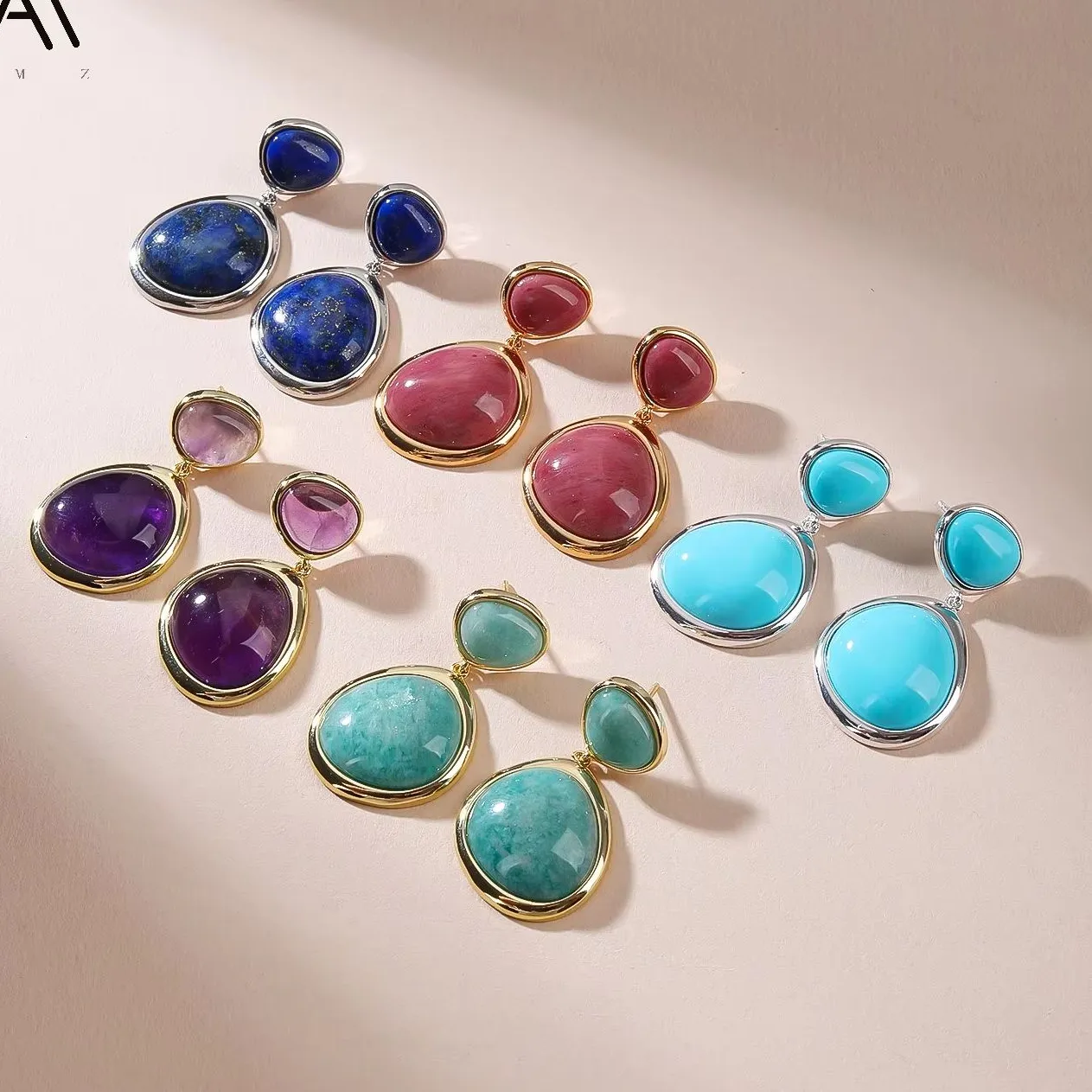 Authentic Spain Teardrop Free Form Earrings Natural Stone Purple Amethyst Bezel Setting Irregular Banquet Jewelry