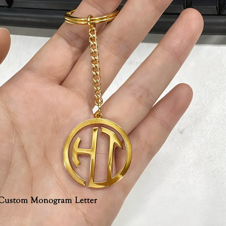 Authentic Celestial Monogram Talisman Personalized Round Keyring In Gilded