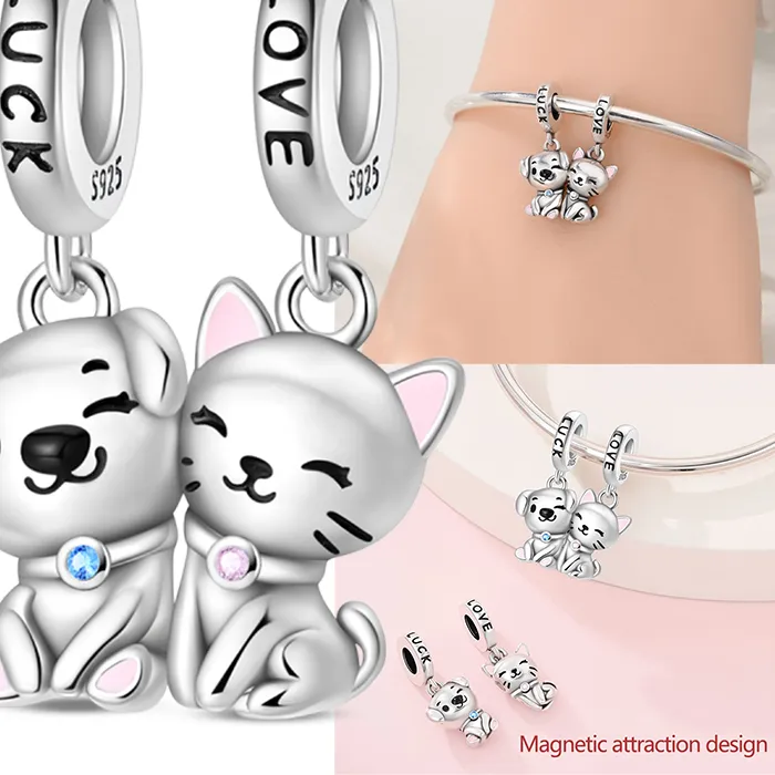 Authentic Cat Dog Hug Charms 925 Sterling Silver Animal Embracing Pendant Fit Original Bracelets Diy Jewelry