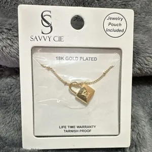 Authentic Savvy Cie 18K Gold Plated,Tarnish Proof, Letter E,Lock Charm Pendant Necklace