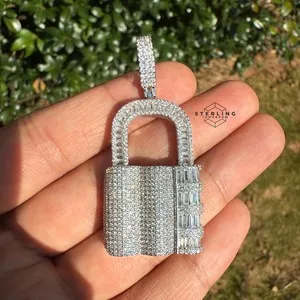 Authentic Lock Iced Pendant 14k White Gold Plated CZ Statement Charm + Steel Rope Chain