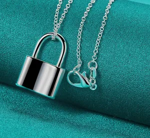 Authentic White Gold Plated Smooth Lock Pendant Chain 17.5 in Necklace Charm Jewelry