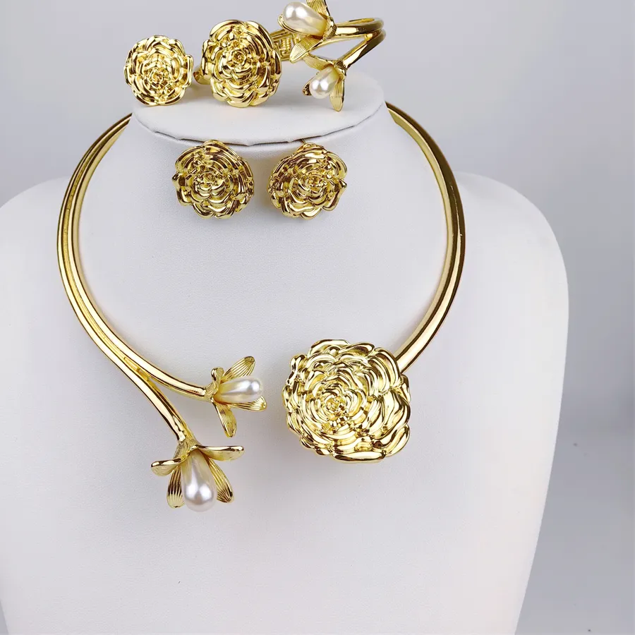 Authentic Esale 4Pcs Freshwater Pearl Flower Jewelry Unique Italy 18K Gold Plated Water Drop Jewellery