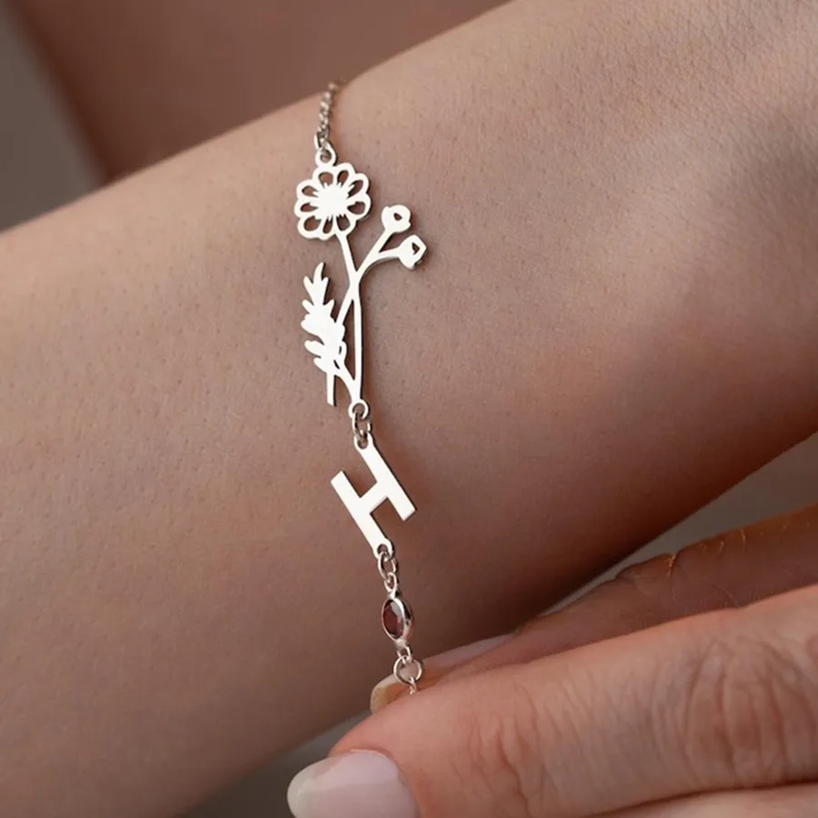 Authentic Custom Birth Flower Bracelet Floral Birthstone Birthflower Jewelry Personalized Initial Bracelets Christmas