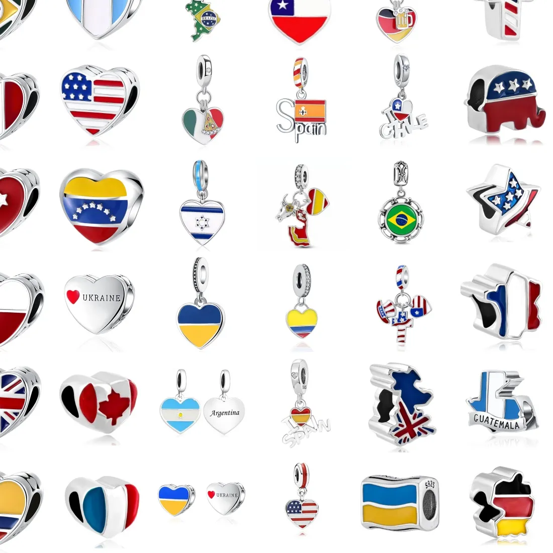 Authentic Original 925 Silver Flag Series Us Uk Italy Brazil Ukraine Bead Bracelet Diy Jewelry