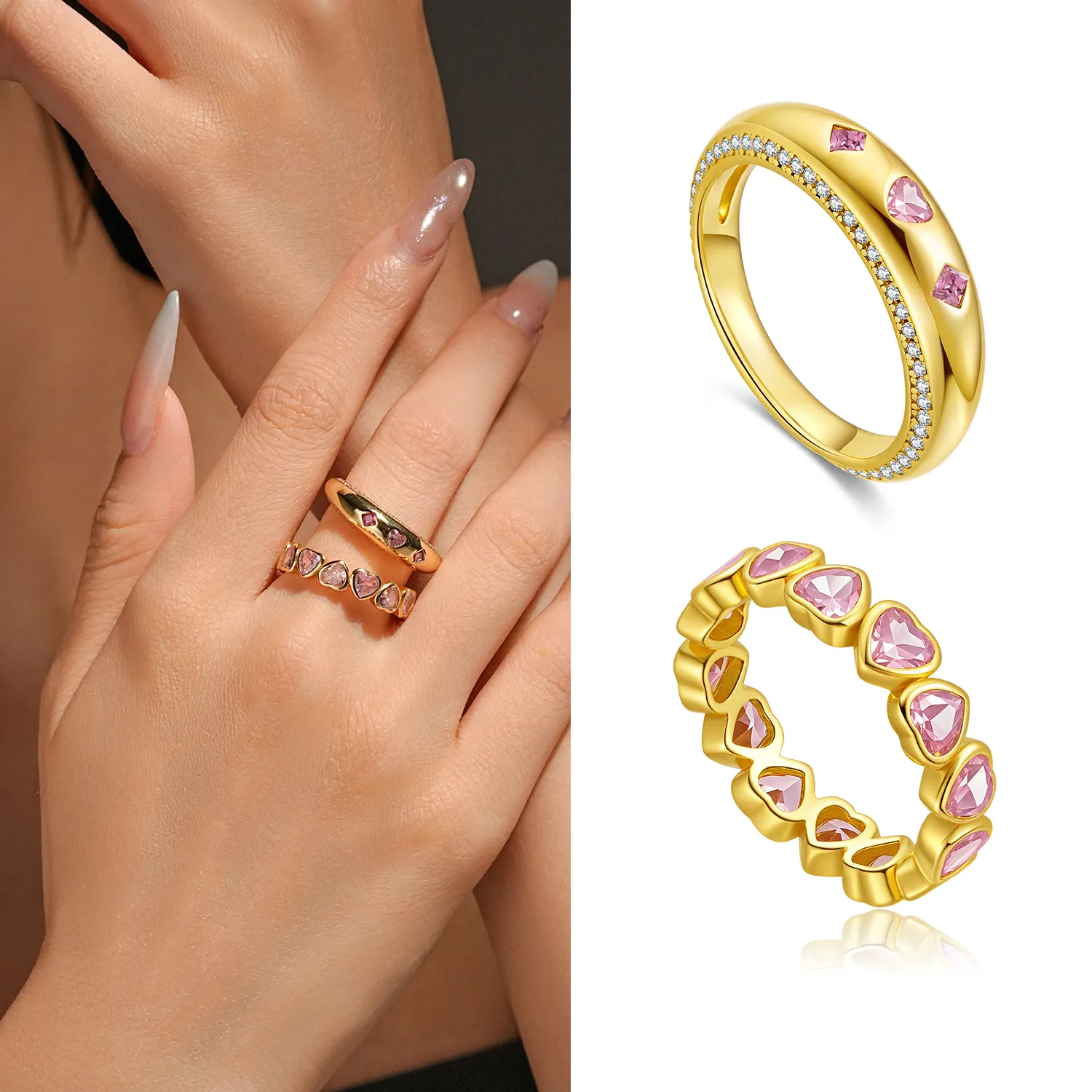 Authentic Andywen 925 Silver Pink Zirconia Love Ring, Matching Heart Jewelry For Couples, Romantic For Her, 5A Zirconia Pair Ring