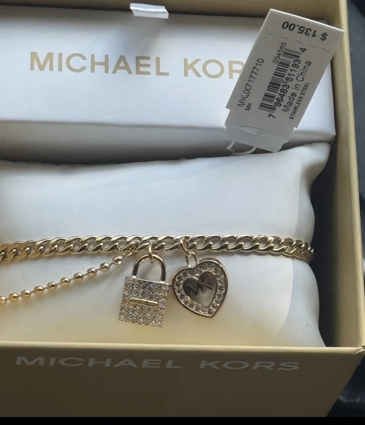 Authentic Michael Kors Gold Plated Charm Bracelet Heart Lock Crystal Pavé Adjustable