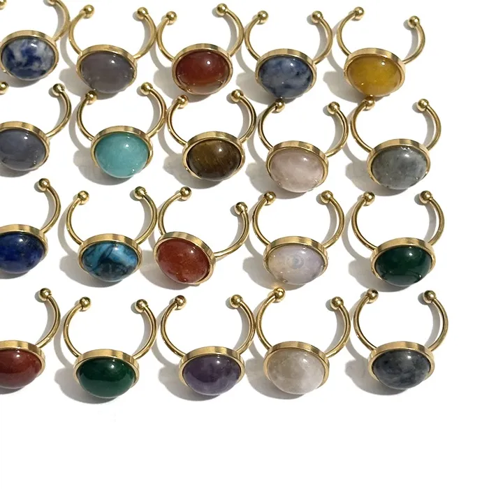 Authentic 12Mm Cabochon Stone Ring Tiger Eye Opal Pink Crystal Open Jewelry