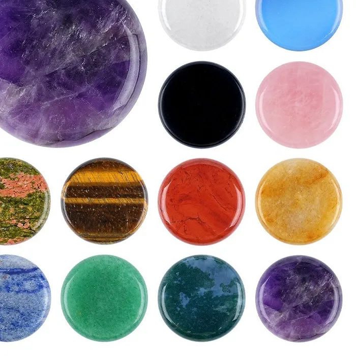 30Mm Natural Stone Round Discs Healing Reiki Crystal Beads Engraved Symbol Craft Parts Accessories Jewelry Home Decor