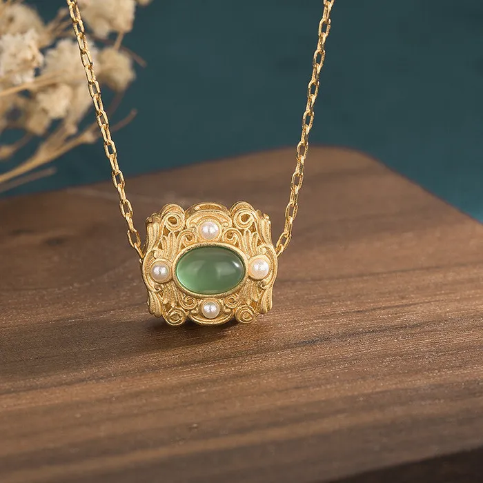 Authentic Jade Pendant Necklace Enamel Charm 18K Gold Plated Chain Safety Lock Gemstone