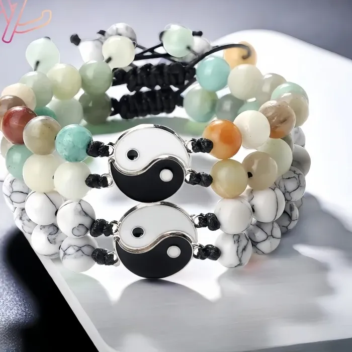 Authentic 2Pcs Tai Chi Couple Bracelet Natural Real Jade Stone Agate Gemstone 6Mm Beads Adjustable Lover Bangle Jewelry