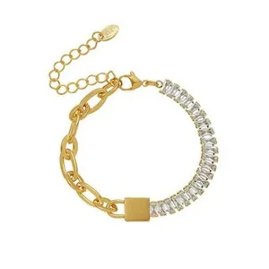 Authentic 1PC Woman Gold Plated Stainless Steel CZ Lock Charm Rolo Link Chain Bracelet