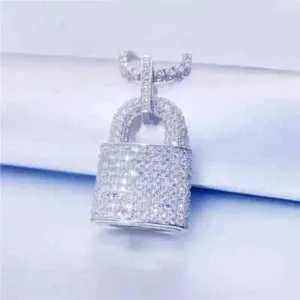 Authentic 2.00Ct Round Cut Real Moissanite Lock Charm Men's Pendant 14K White Gold plated