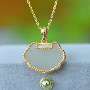 Authentic 18K Gold-Plated Natural White Jade Ruyi Lock  Pendant Necklace Charm