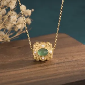 Authentic Jade Pendant Necklace Enamel Charm 18K Gold Plated Chain Safety Lock Gemstone