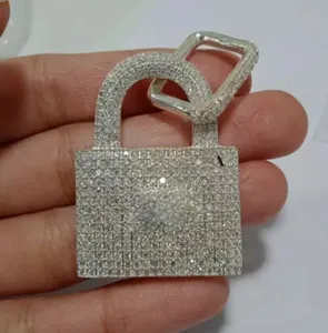 Authentic 2.30Ct Round Cut Real Moissanite LOCK Charm Men's Pendant 14K White Gold Plated