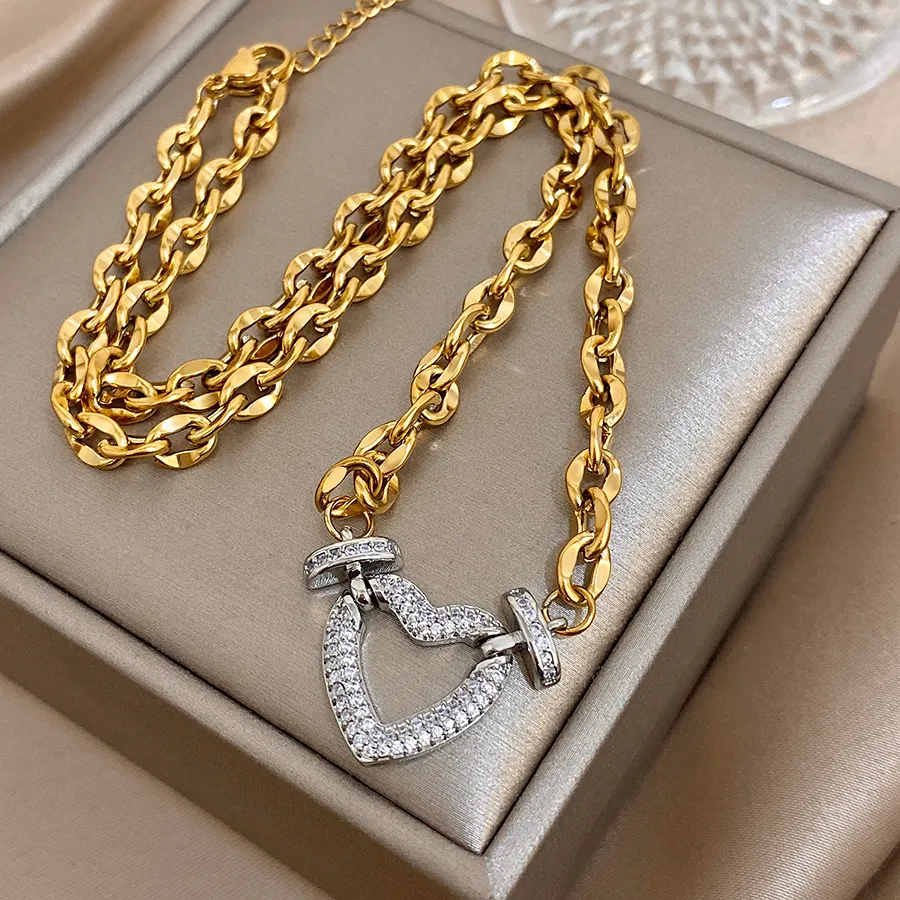 Authentic Full Zircon Lock & Heart Charms Pendant Necklace for Women Men Chunky Punk Gold Plated Link Chain Necklaces