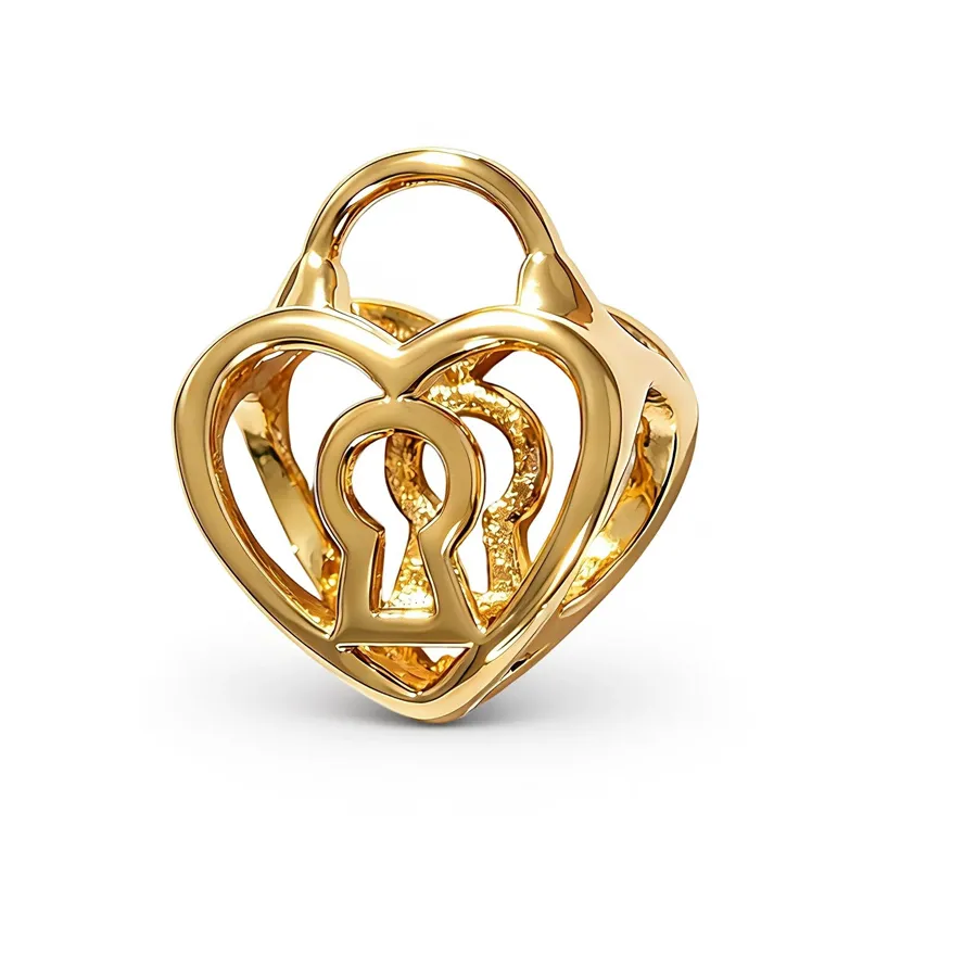 Authentic Gold-Plated Heart Lock Charm, Fits European Bracelet, Fit Bracelets bag keychain charms Elegant Romantic Love Jewelry