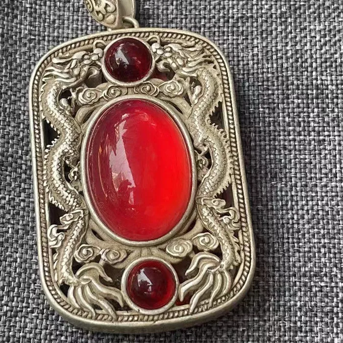 Authentic Twin Dragons Of Sovereignty A Hollow Antique Silver Talisman Crowned With Three Crimson Flames