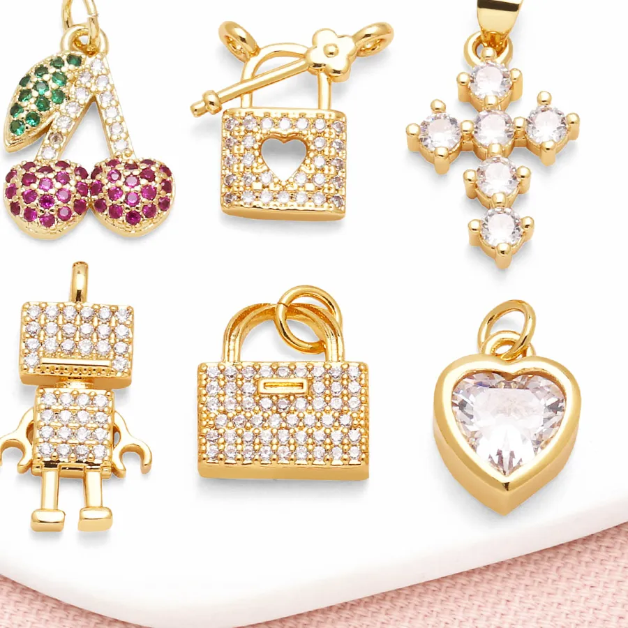 Authentic OCESRIO Trendy White Crystal Cross Heart Charms for Bracelet Copper Gold Plated Robot Lock jewelry Making Accessories chma323