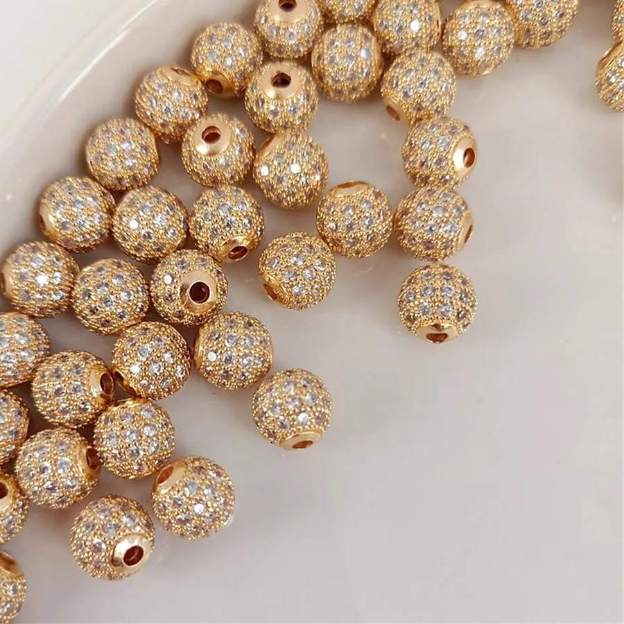 Authentic Diy 14K Gold- Encrusted Zircon Full Diamond Straight Hole Round Bead Handcrafted Necklace Bracelet, With 8Mm Beading Material