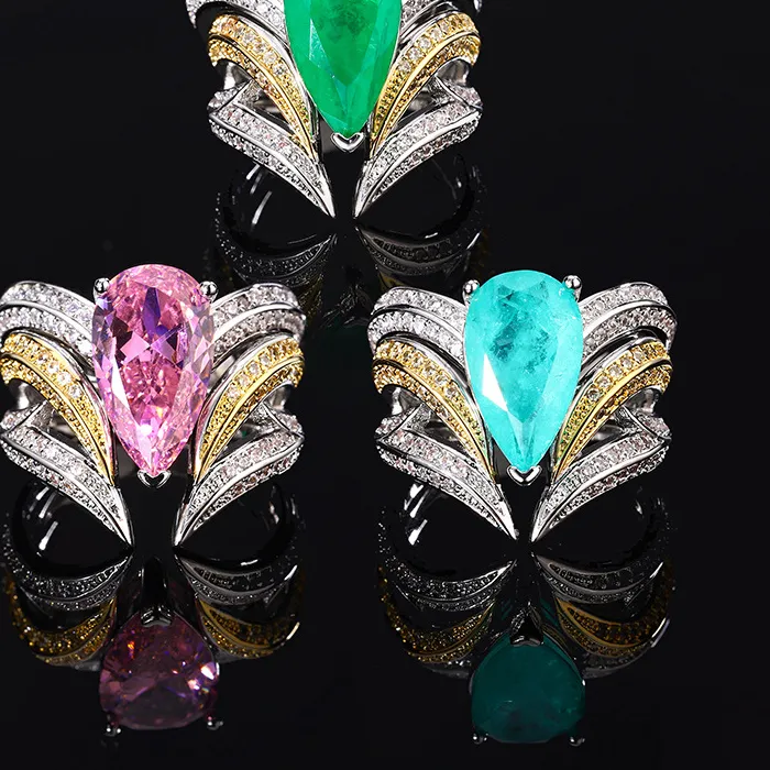Authentic Two Tone Gold Silver Plated Ring Pear Cut Imitation Paraiba Emerald Pink Diamond Zircon Wing Finger Jewelry