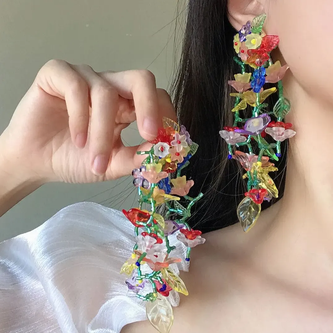 Authentic Lifefontier Bohemia Resin Transparent Colorful Flower Long Tassel Earrings Handmade Beaded Hanging Earrings Jewelry