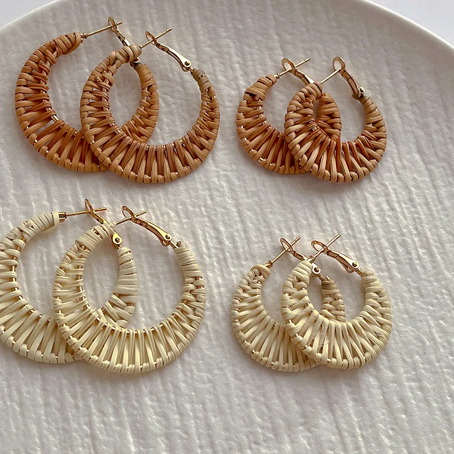 Authentic Bohemian Straw Earrings Handmade Beach Rattan Hoop Dangle Summer Seaside Holiday Jewelry