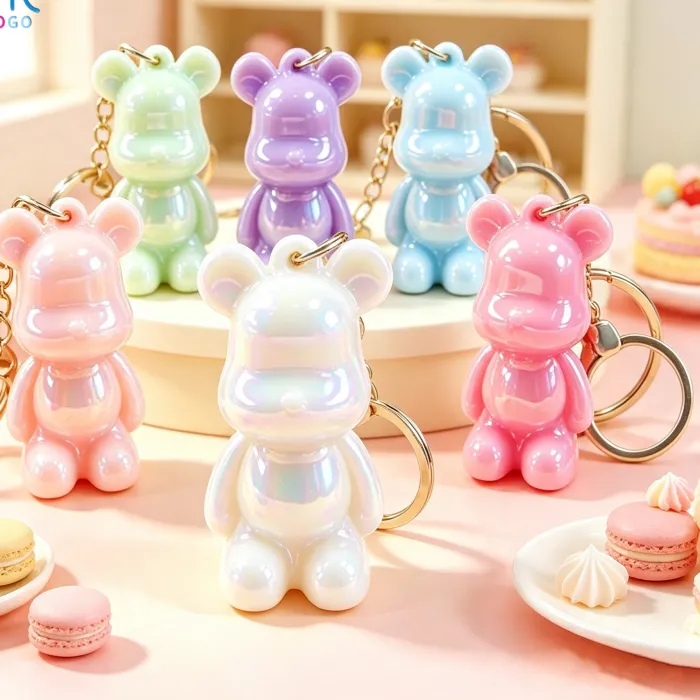Authentic 6Pcs Random Color Creative Pearlescent Colorful Acrylic Bear Shape Keychain Exquisite Bag Pendant For Friends