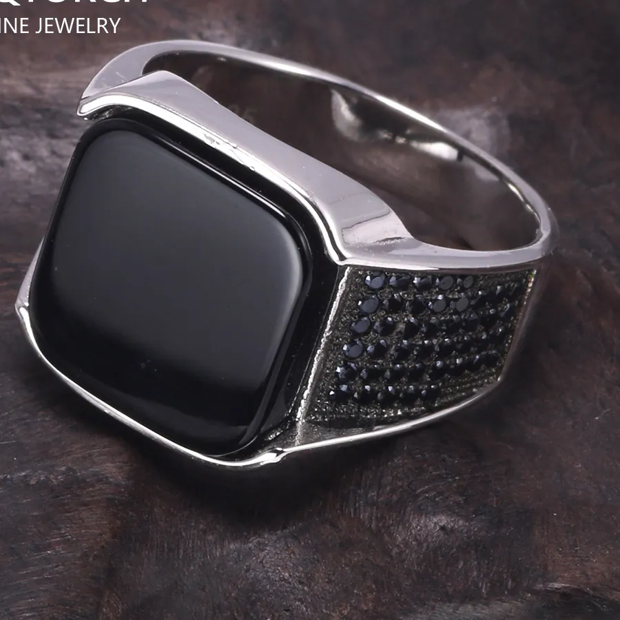 Authentic Guaranteed 925 Sterling Silver Rings Antique Turkish Ring Jewellery With Square Black Natural Stones Design